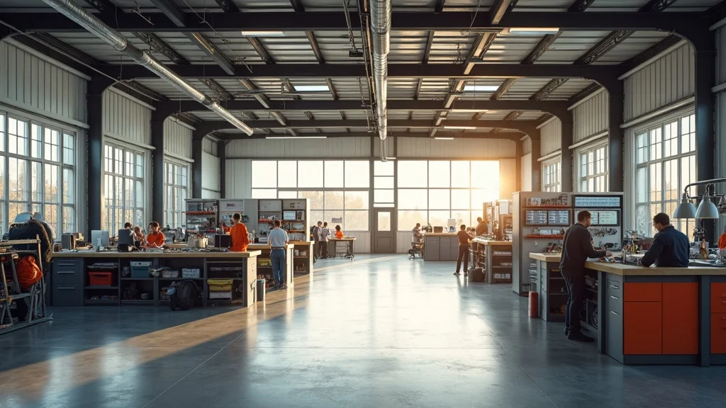 Versatile interior of a pre engineered metal building in Colorado showing commercial workspace, steel beams, natural daylight, modular partitions, and collaborative teams.